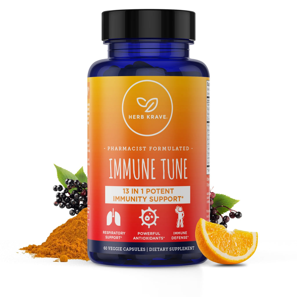 Immune Tune- Immune Support Supplement – 60-Ct. Daily Immune Defense with 13-in-1 Immunity Booster with Elderberry, Oregano, Echinacea, Ginger, Zinc, Vitamin C, Vitamin D, E & More by Herb Krave